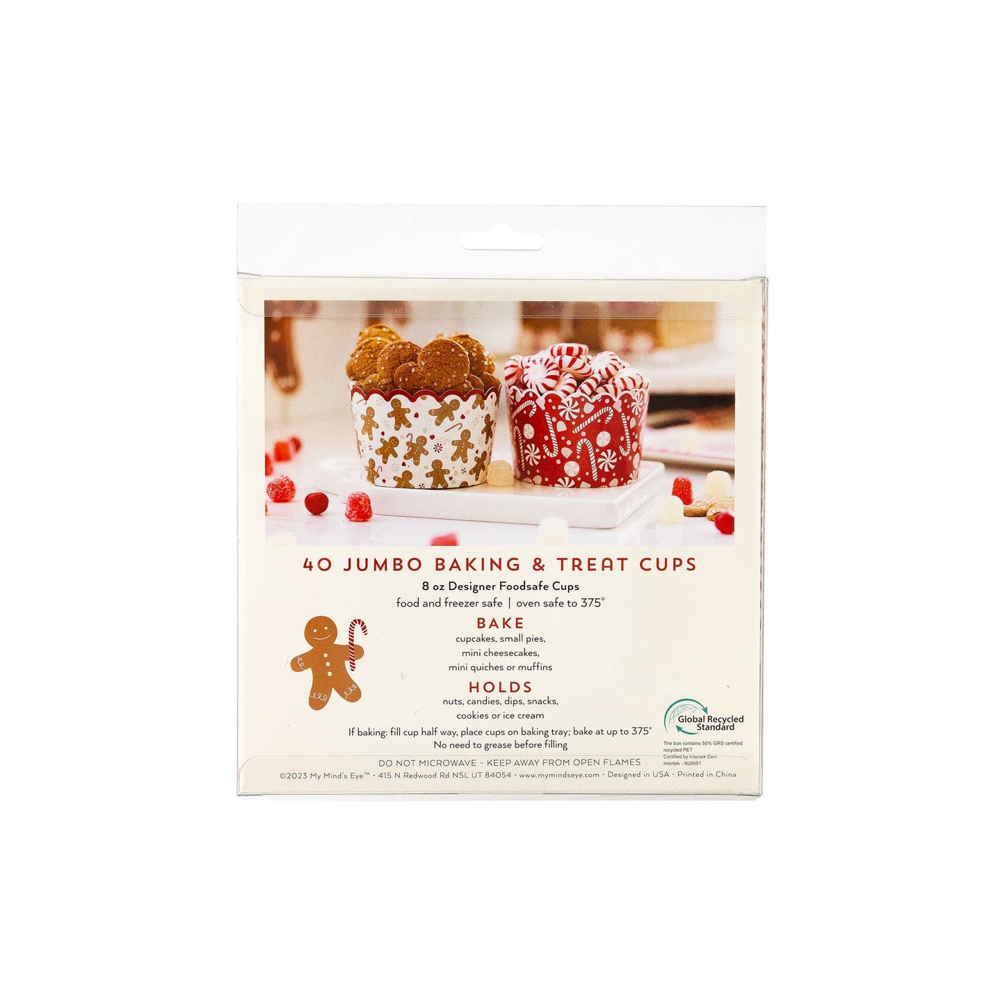 Back image of packaging of jumbo baking cups with gingerbread and peppermint designs.