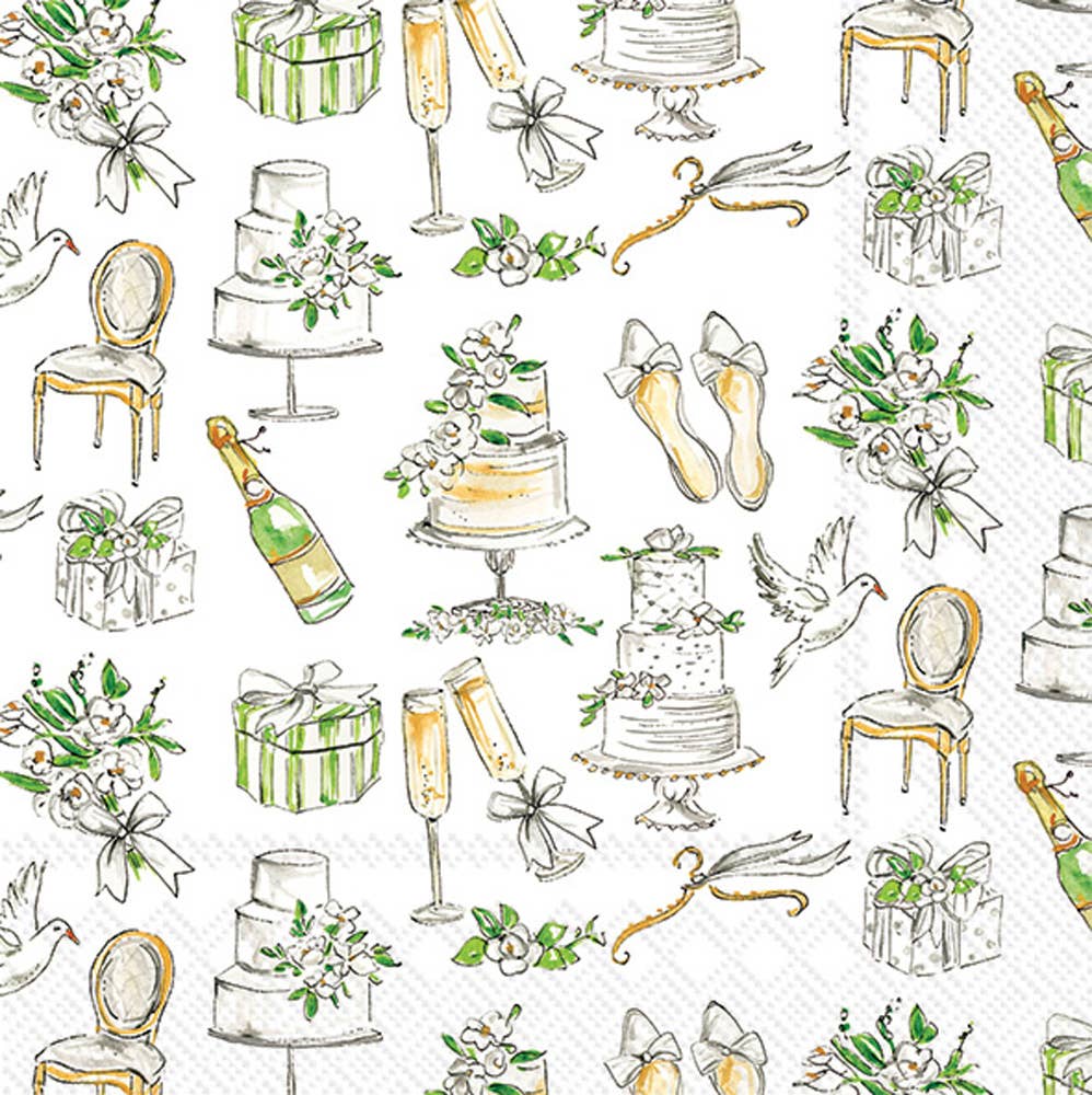 square paper party napkins for a wedding featuring shoes, bouquet of flowers, cake, presents and champagne