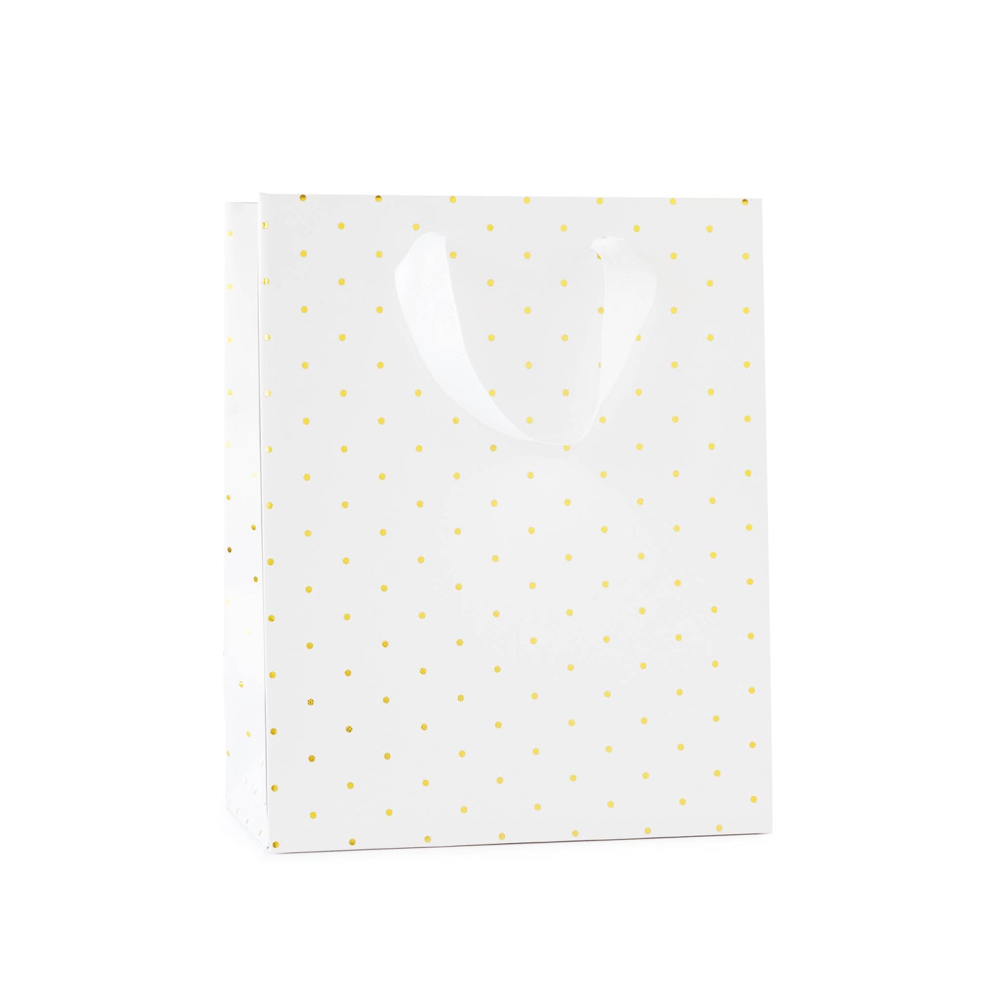 White paper bag with gold polka dots on a white background