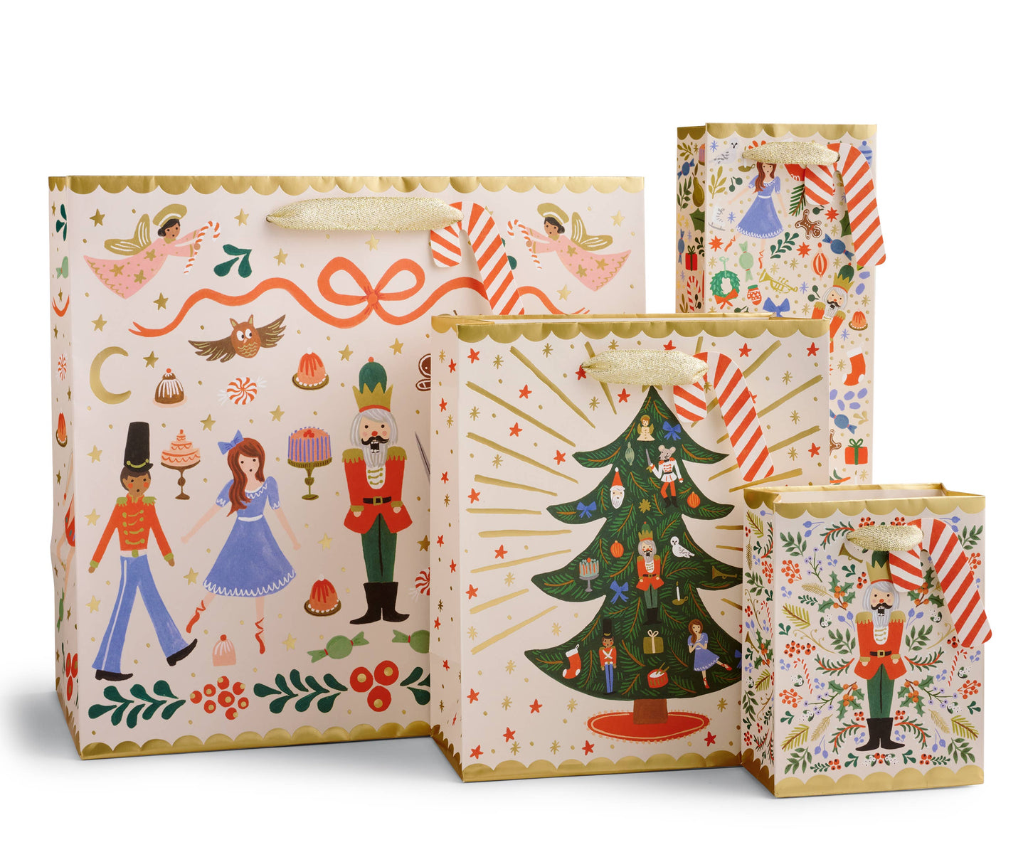 Set of four decorative gift bags with festive holiday designs