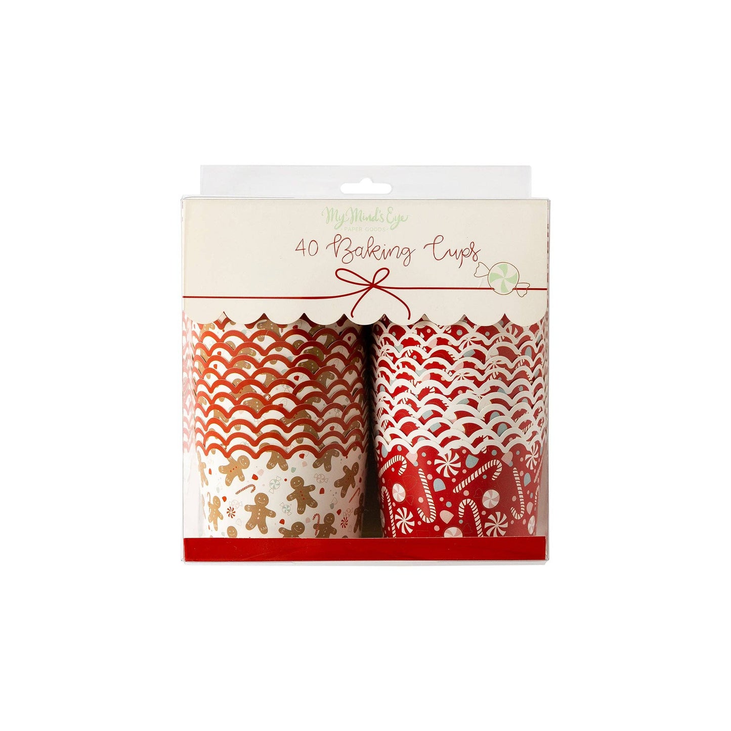 Package of baking cups with gingerbread and peppermint design on a white background