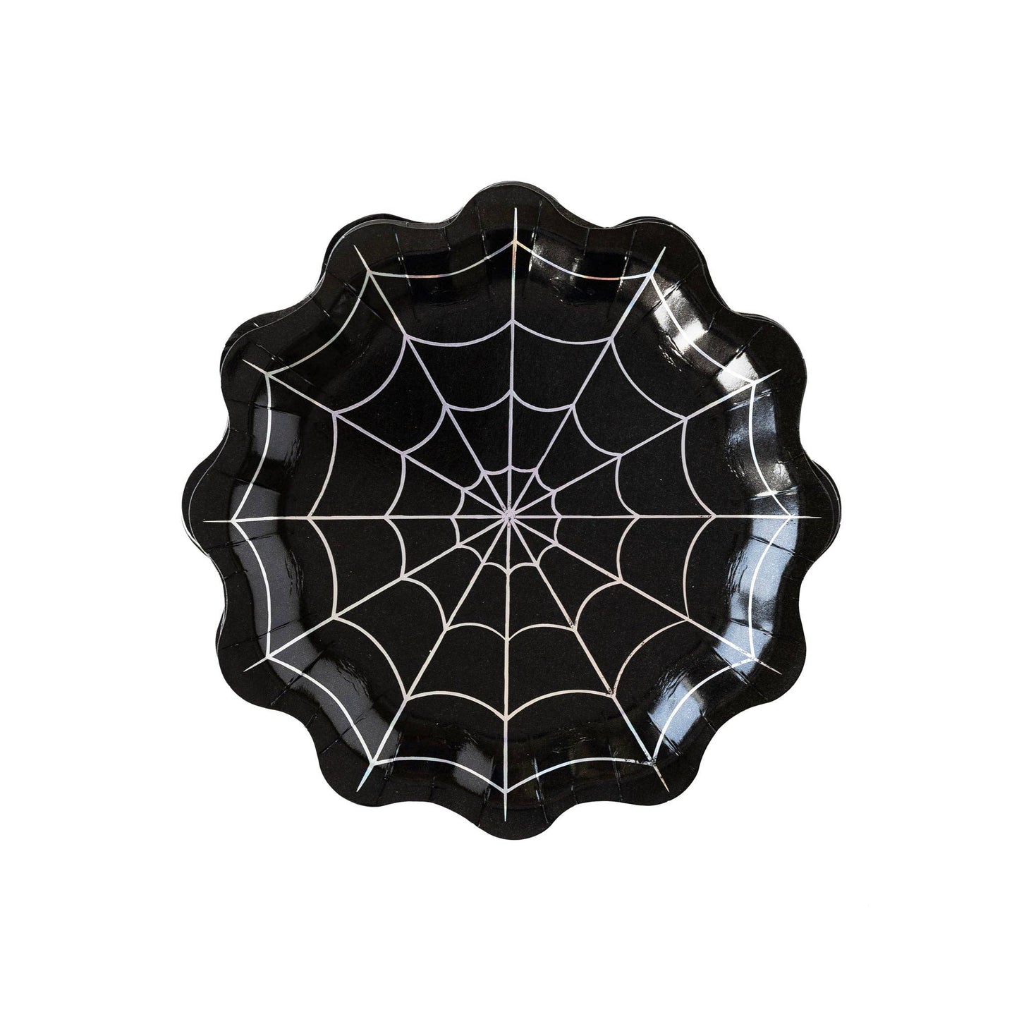 Black spider web paper plate on a white background