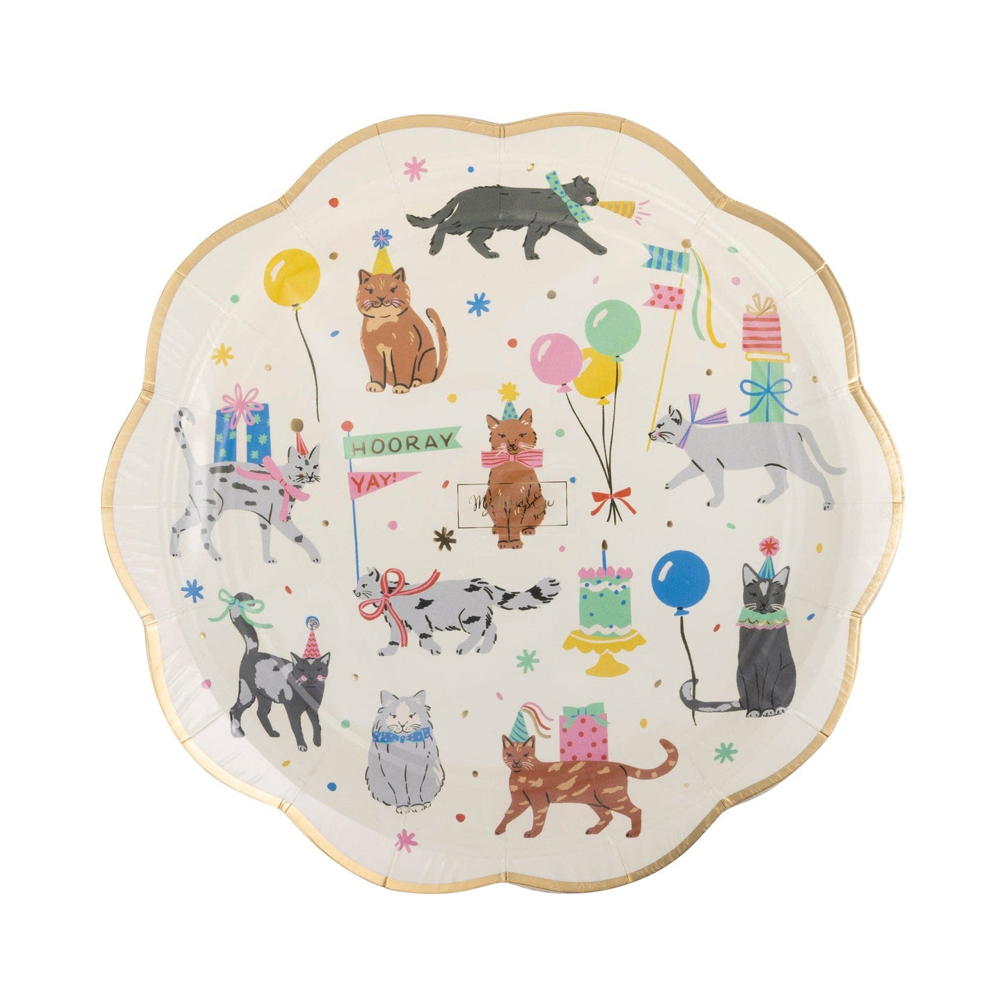 Decorative scalloped paper party plate with cartoon cats and party elements depicted