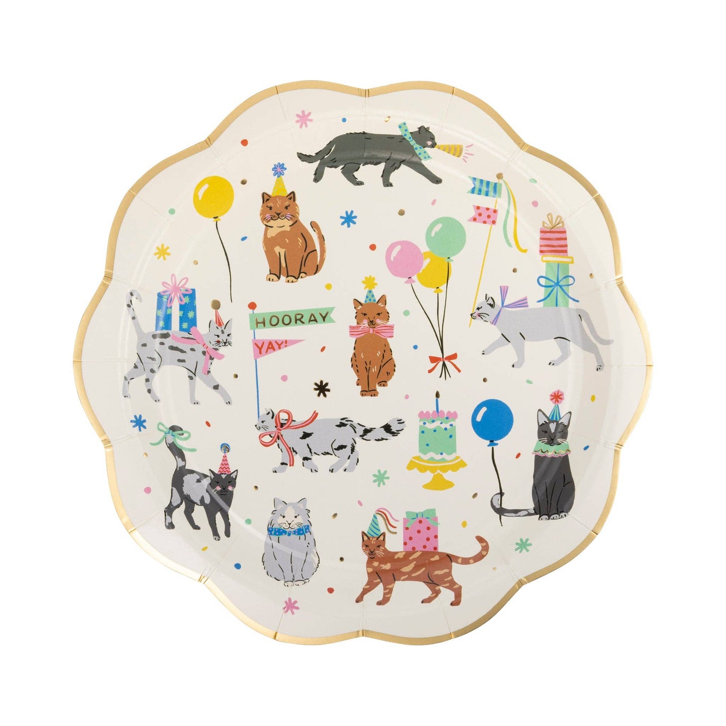 Decorative scalloped paper party plate with cartoon cats and party elements depicted