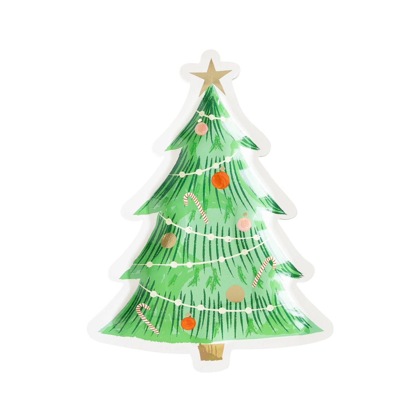 Decorative Christmas tree plate with lights and ornaments on a white background