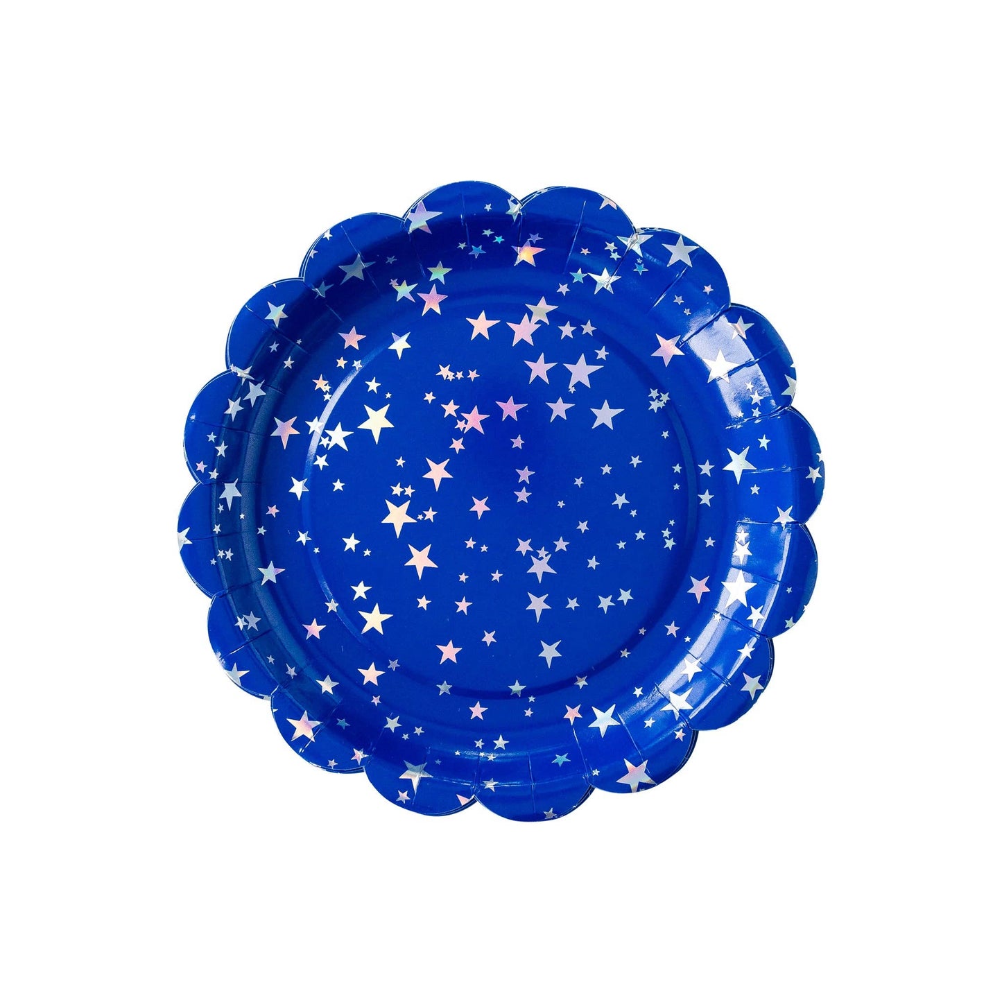 blue star print scalloped paper party plates