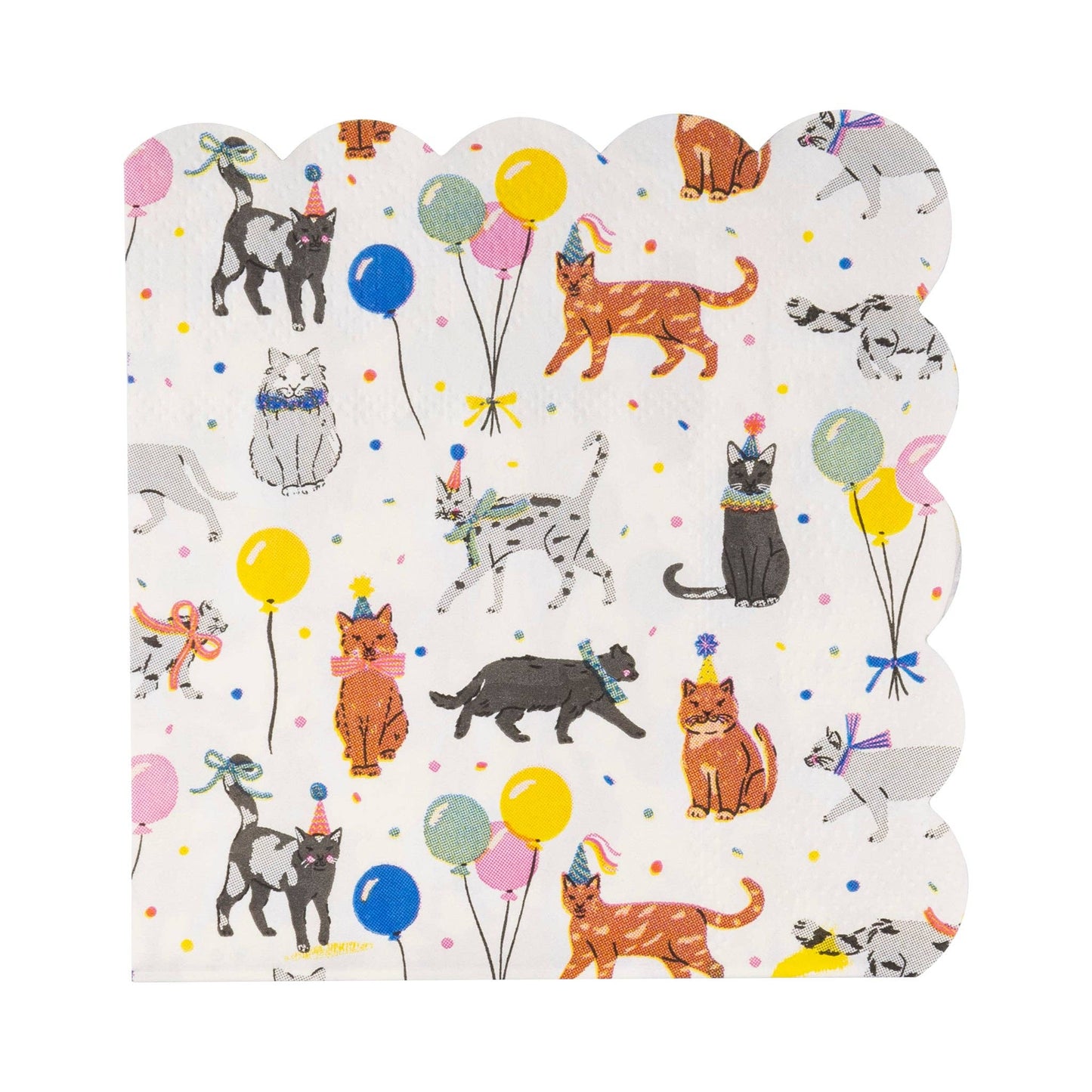 Paper party napkins with cat illustrations and balloons on a white background