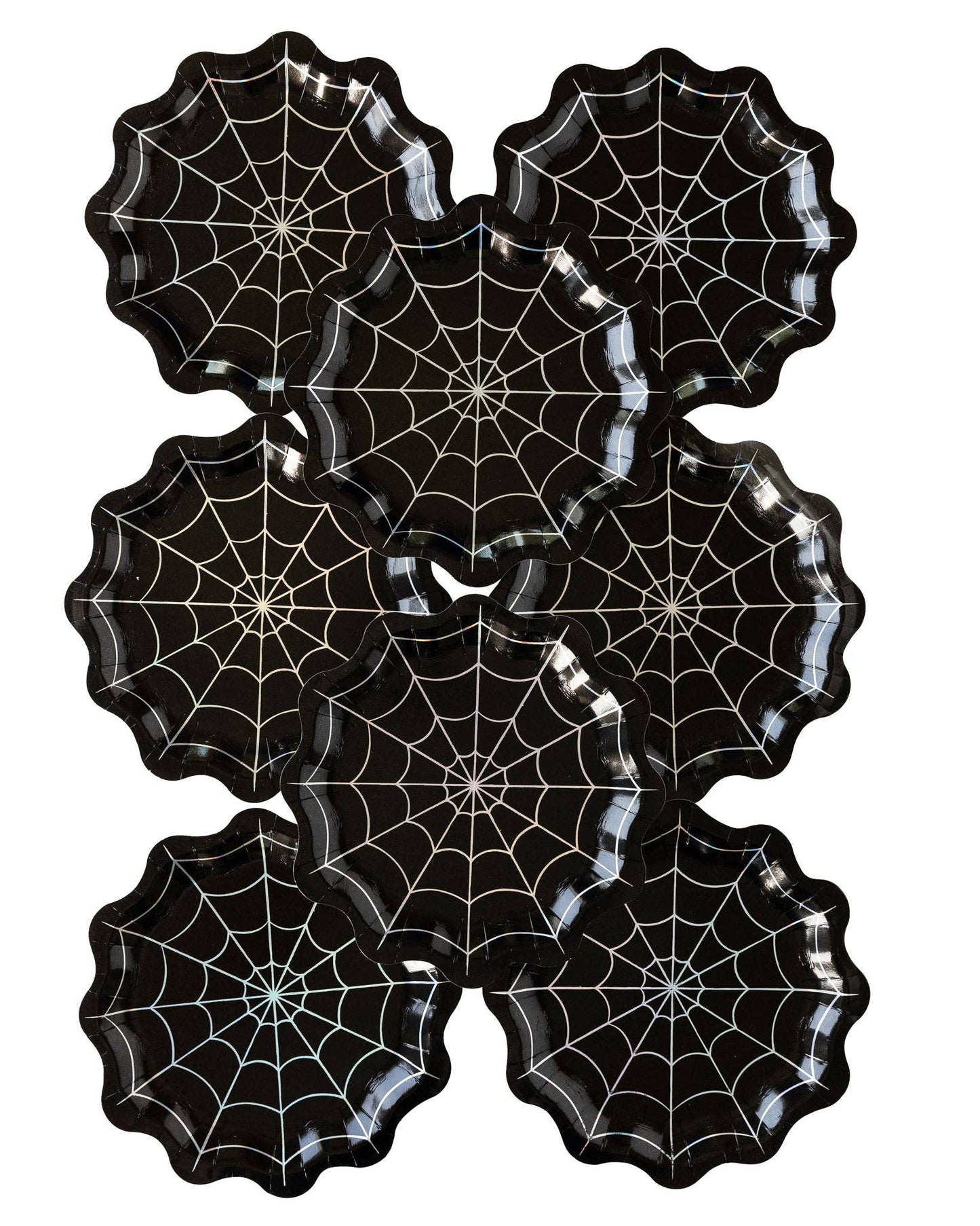 Set of 8 black paper plates with spider web design on a white background