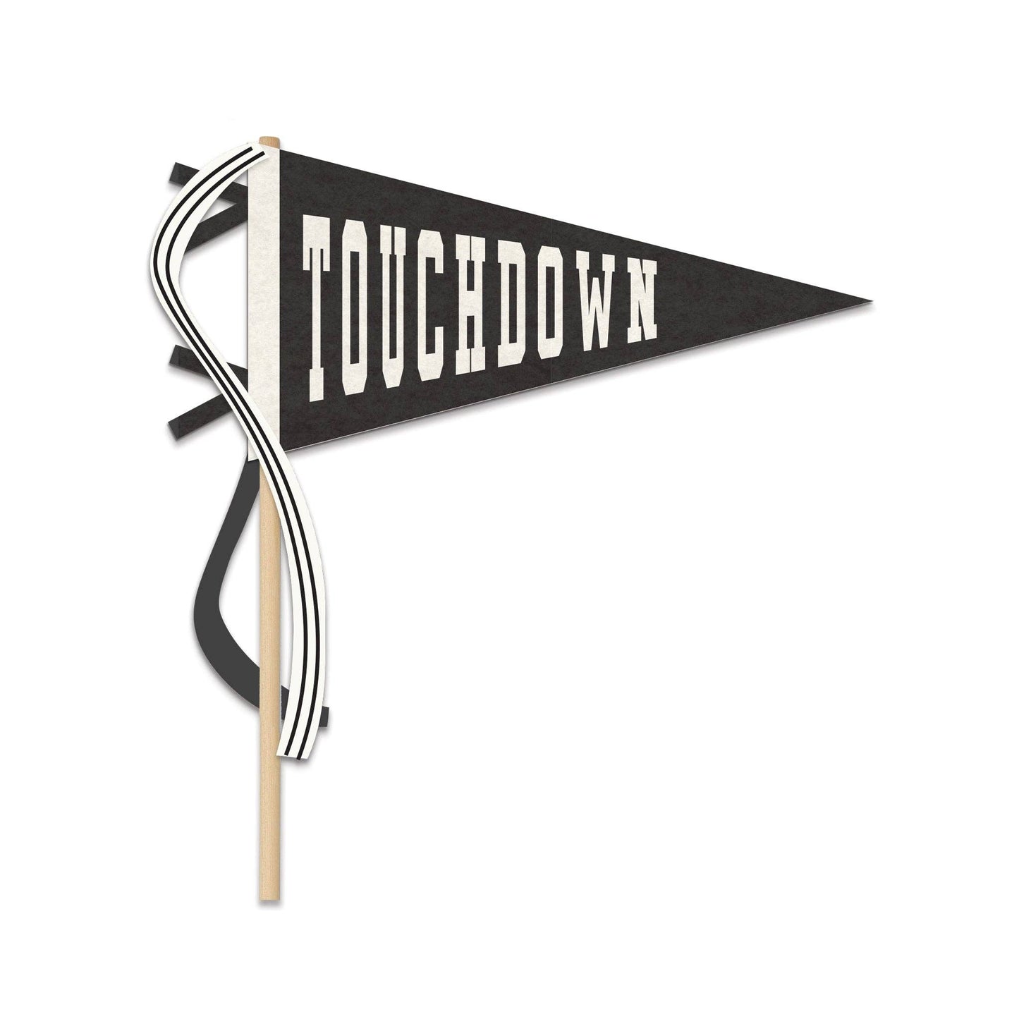 Black and white 'Touchdown' pennant on a wooden stick against a white background