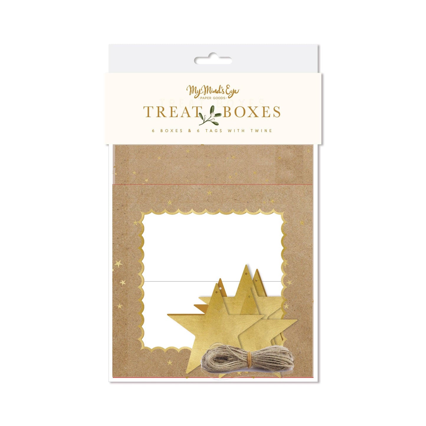 Packaging of kraft and gold treat boxes with tags and twine, branded "My Mind's Eye"