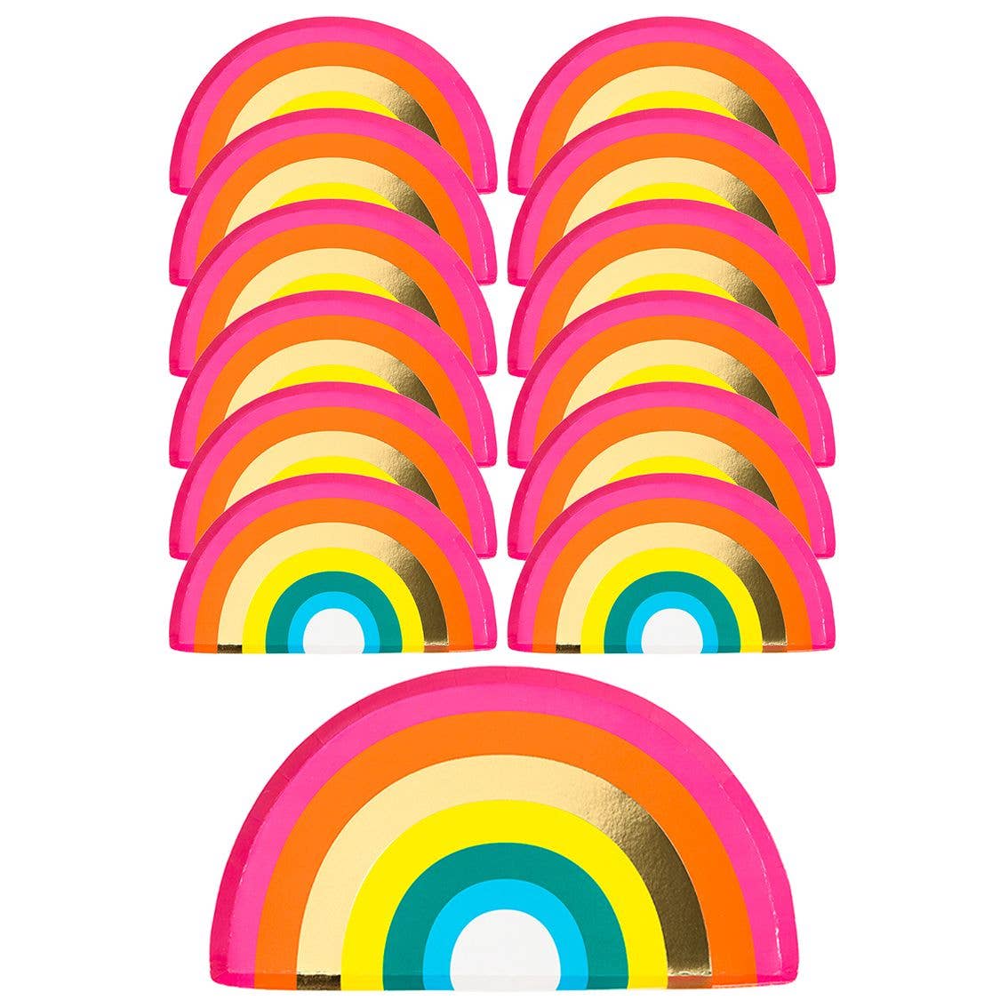 Set of colorful rainbow-shaped paper plates on a white background