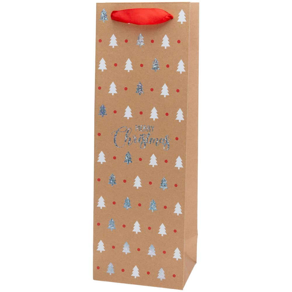 paper wine bottle gift bag with "merry christmas" written in silver foil on the front