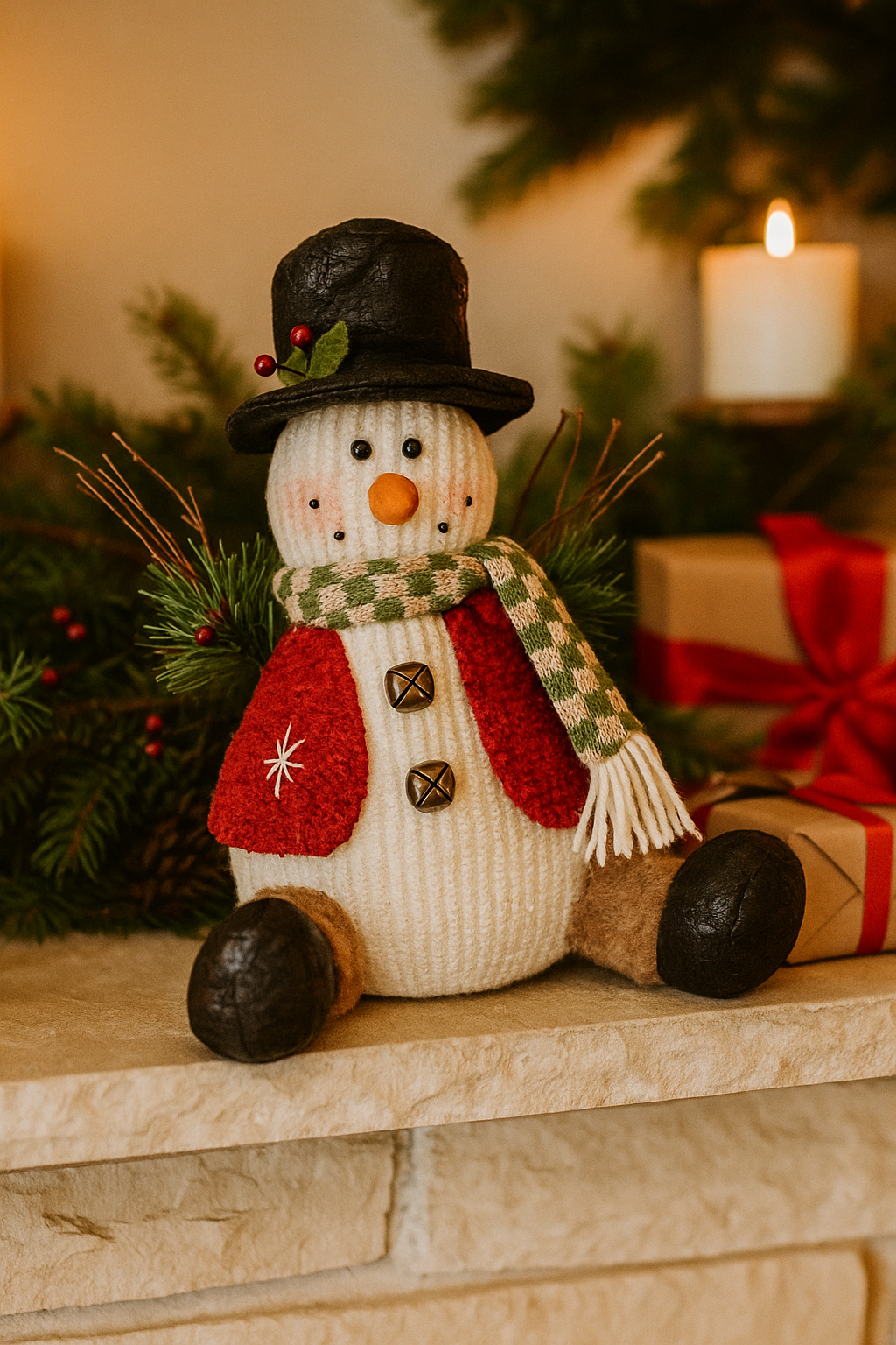 Decorative snowman on a mantelpiece with Christmas decorations in the background.