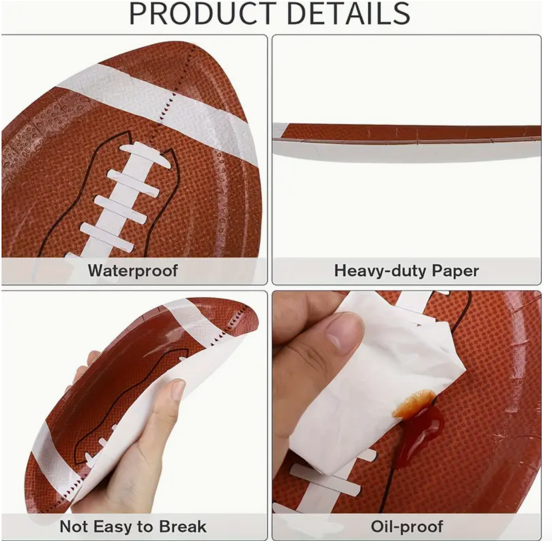 product details for football-shaped paper party plates