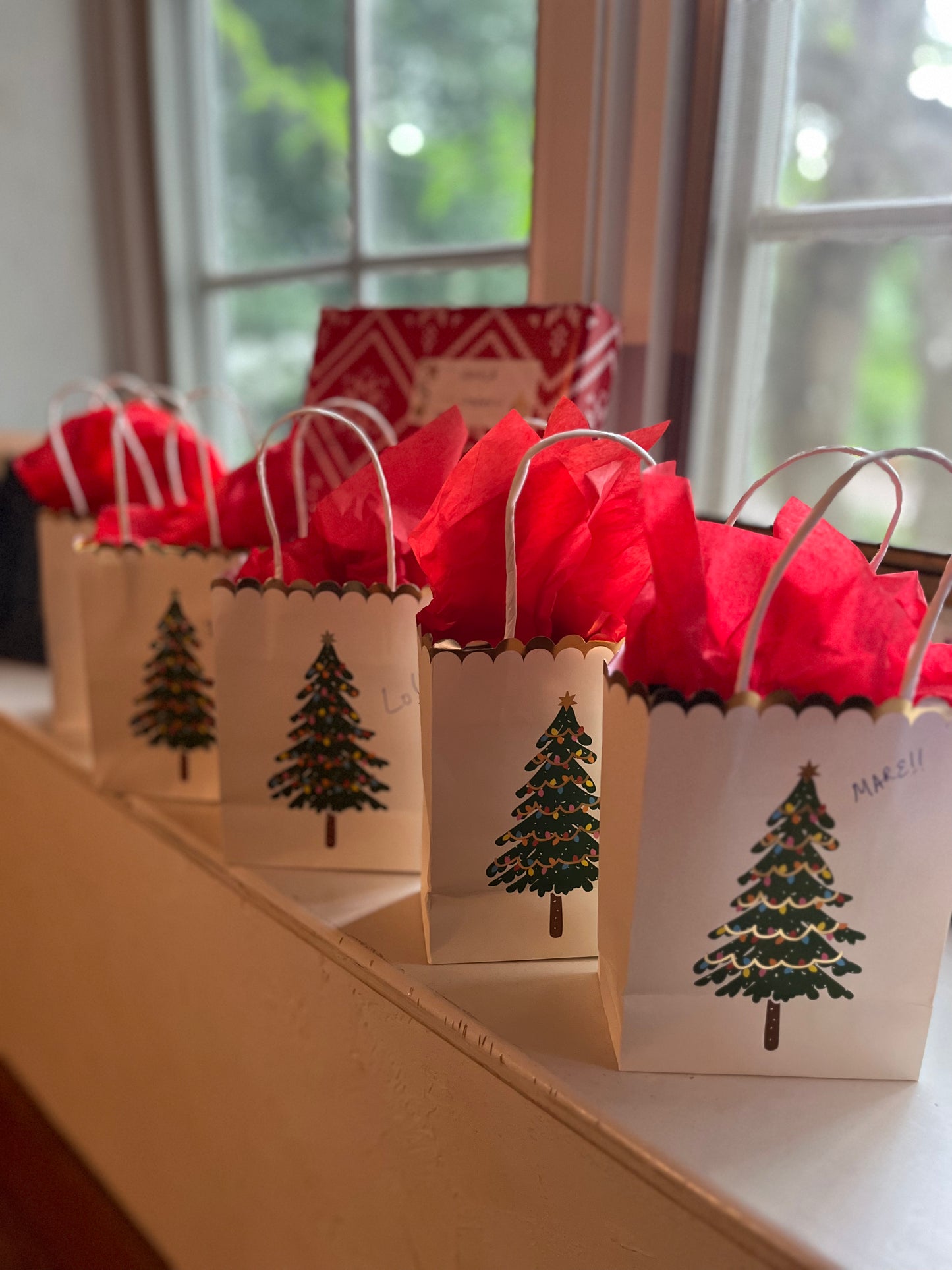 Image of a grouping of Christmas tree gift bags
