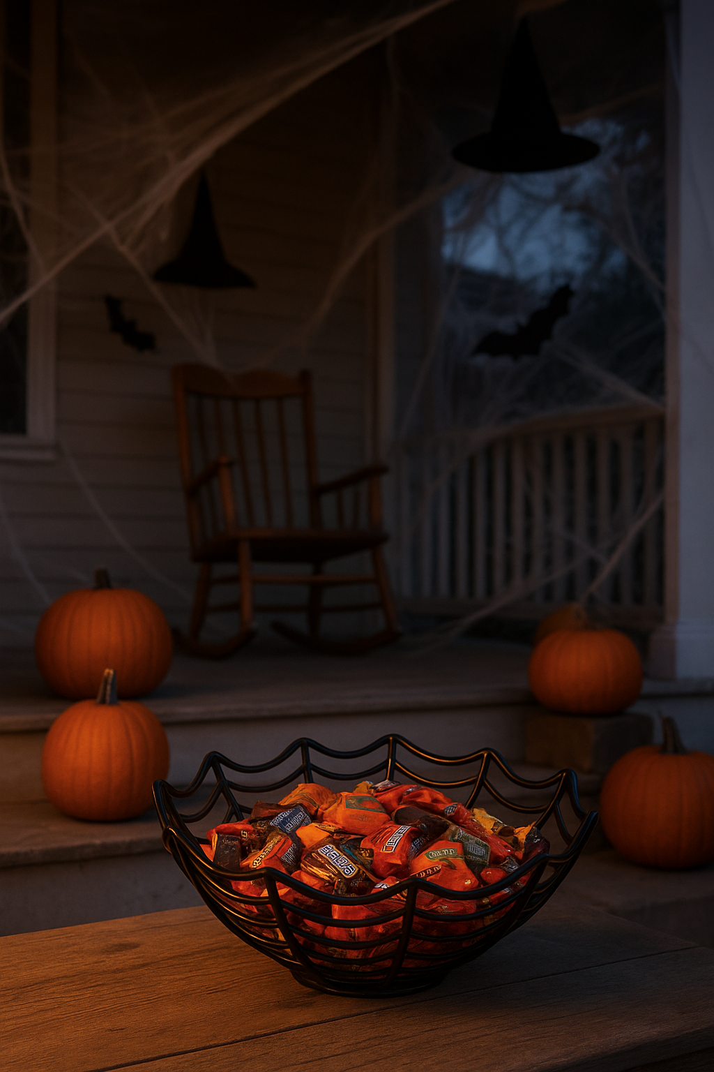 Image a plastic spider web candy bowl on a porch decorated for halloween