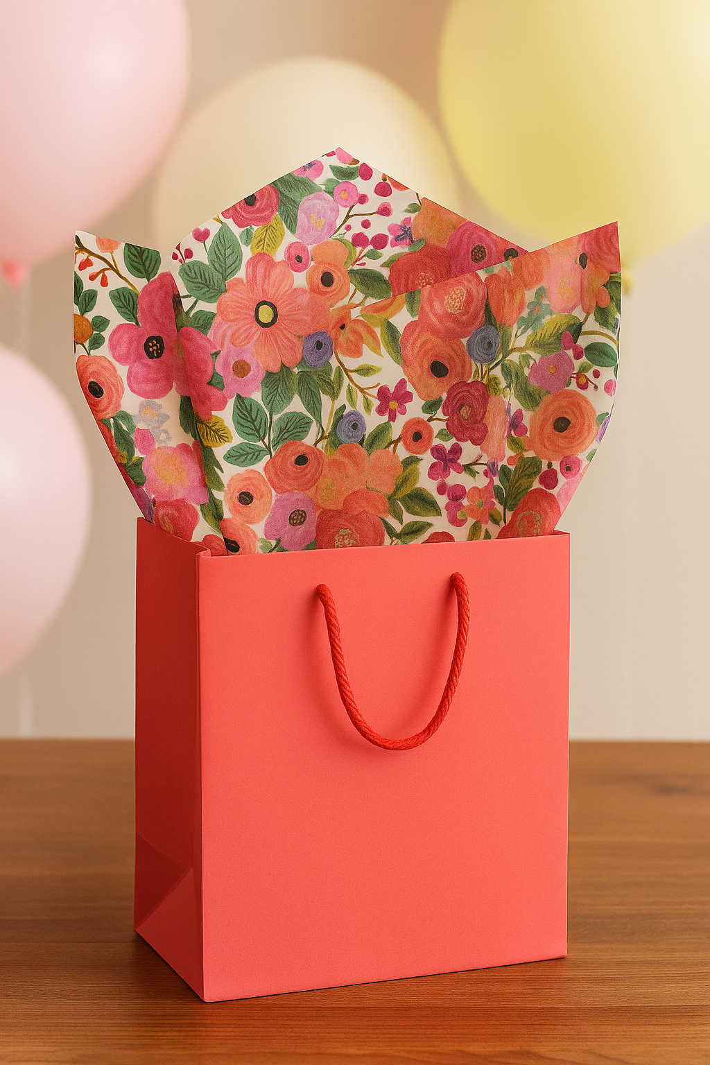 Floral-patterned tissue paper inside a coral gift bag on a wooden table with balloons in the background.