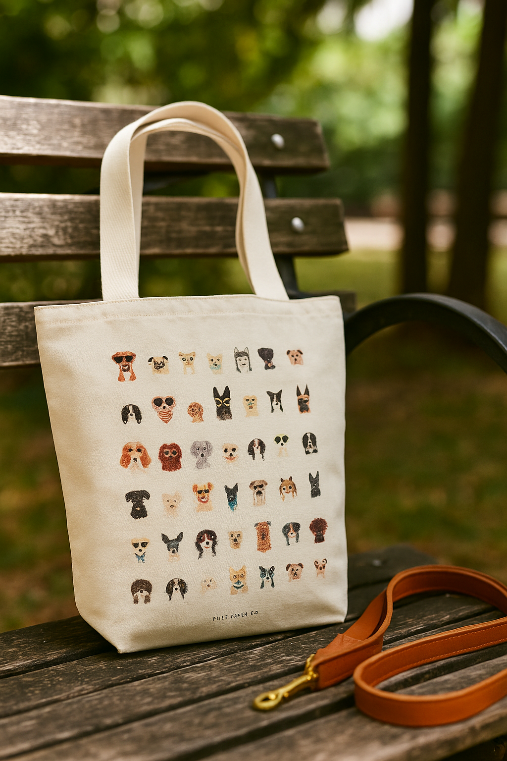 Tote bag with dog illustrations on a wooden bench outdoors