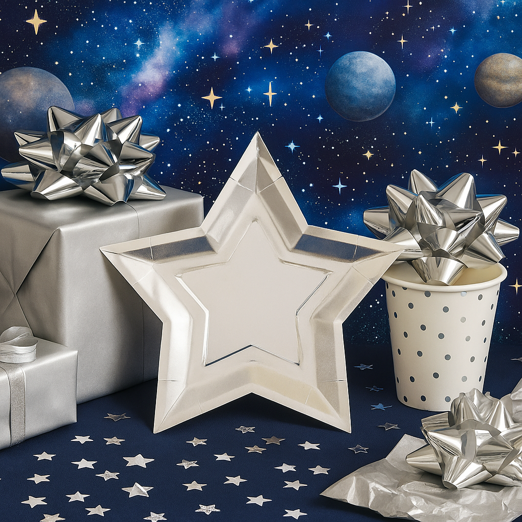 Decorative star-shaped plates with silver bows on a space-themed background