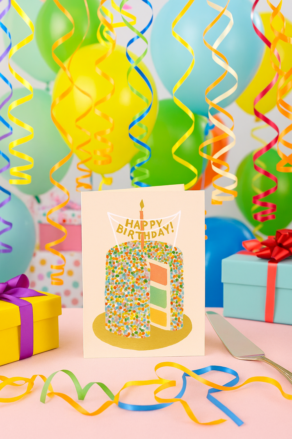 Colorful birthday card with cake illustration surrounded by balloons and gifts