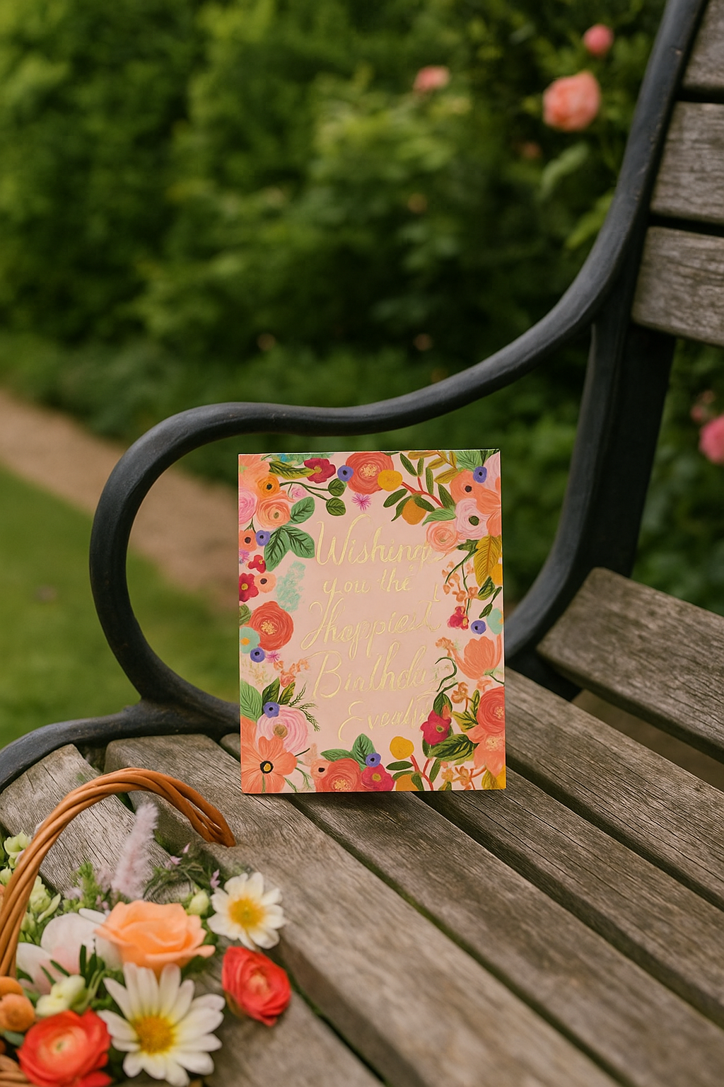 Colorful floral birthday card with gold text on a wooden bench with a basket of flowers