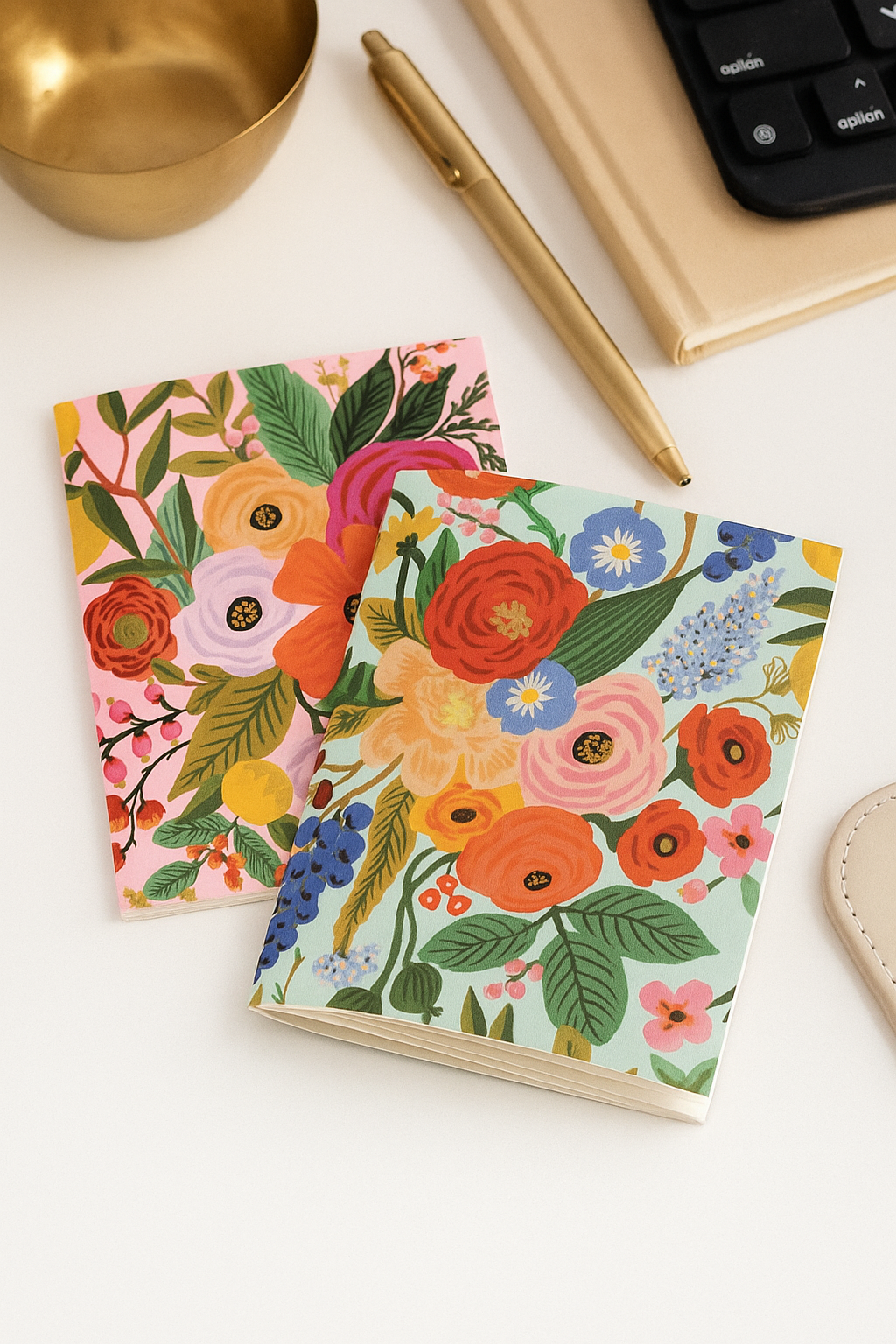 Two floral notebooks on a white desk with a pen, notebook and keyboard in the background.