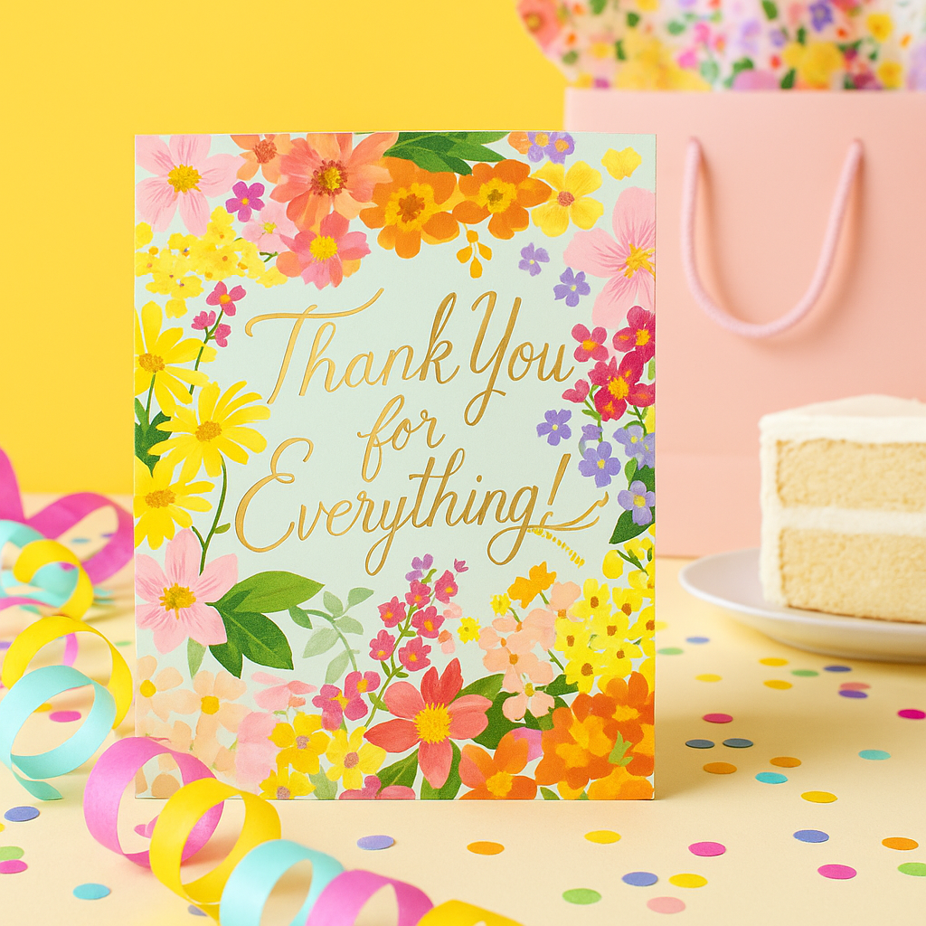 Floral card with 'Thank You for Everything!' text on a colorful background with cake and decorations.