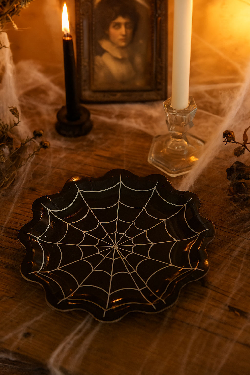 Spider web paper plate on a table with candles and a portrait in the background
