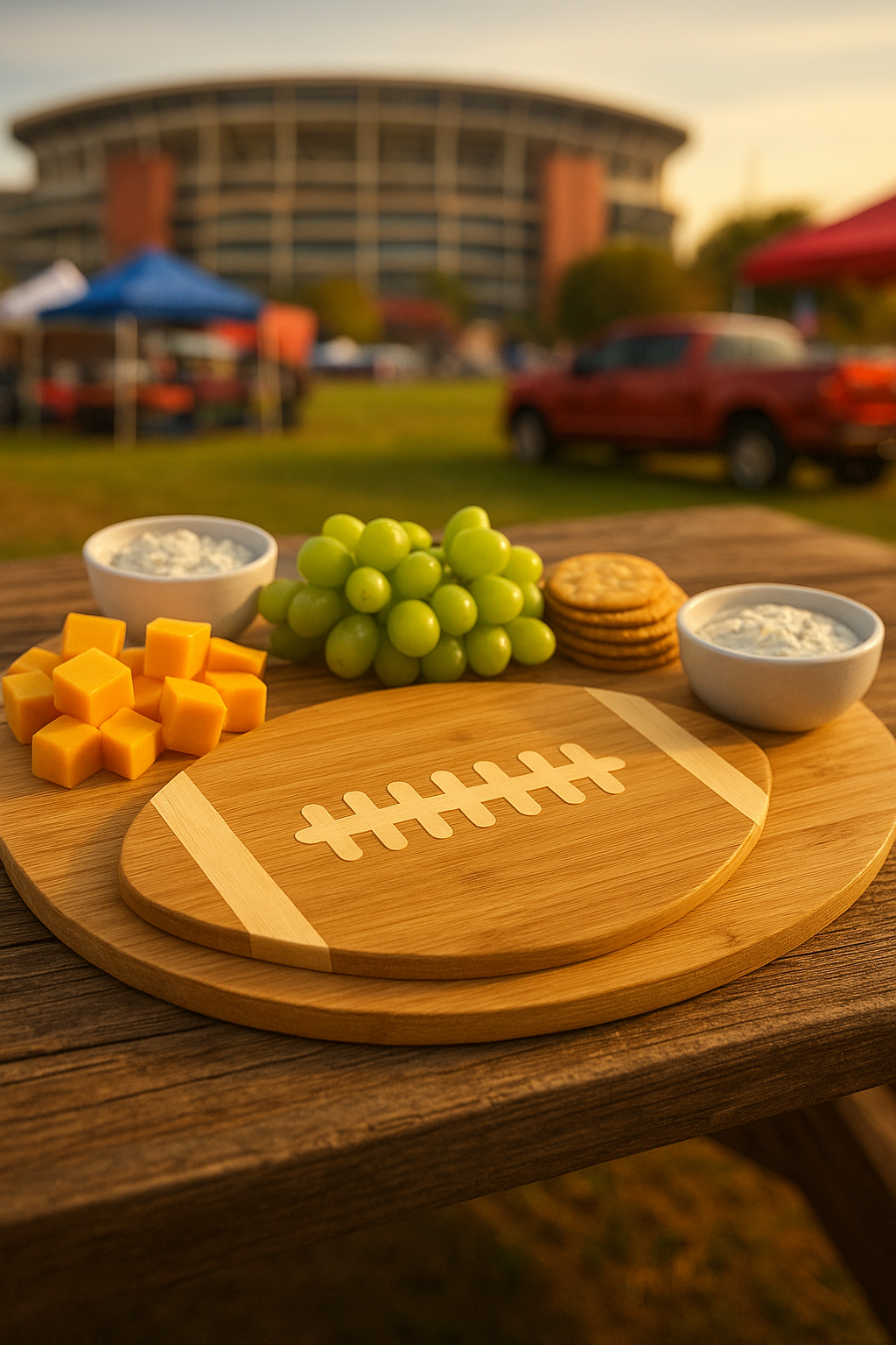 Image of football cutting board at a tailgate setting