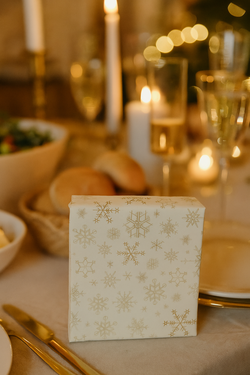 Gift box wrapped in snowflake paper on a festive table setting with candles and glasses.
