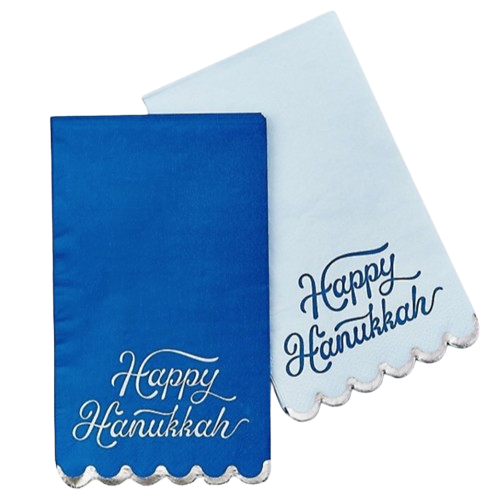 two pack of blue hanukkah guest napkins with "happy hanukkah" written in script on the front