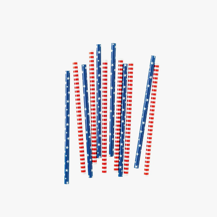 Red, white and blue reusable straws. Blue straws have a star design, other straws are red and white striped