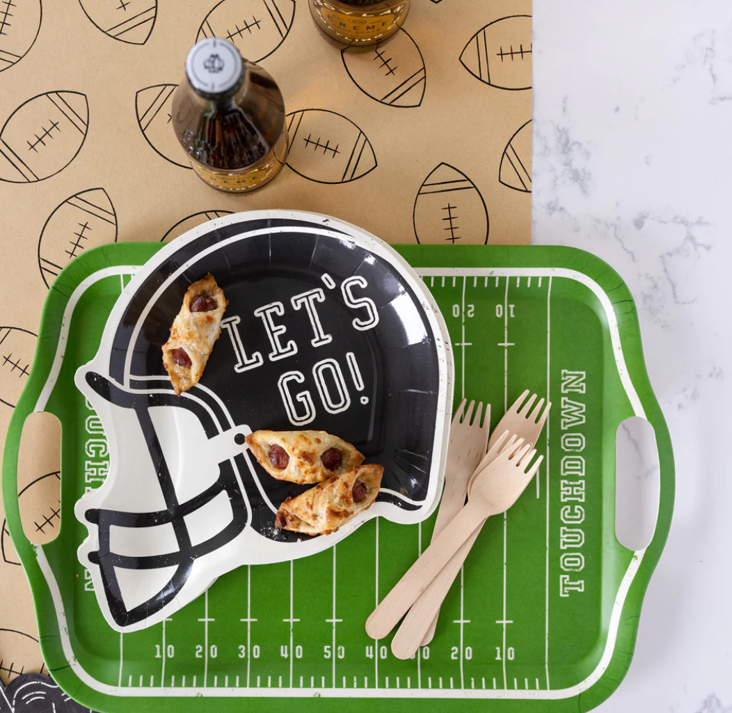 Image of a green reusable bamboo serving tray with a football field design
