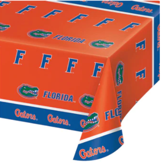 photo of a plastic party tablecloth with florida gator logo displayed, orange and blue colors