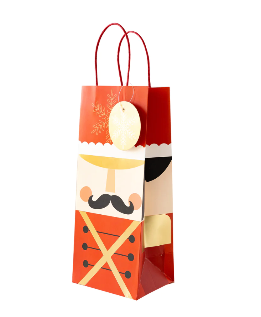 Single image of red nutcracker wine gift bag