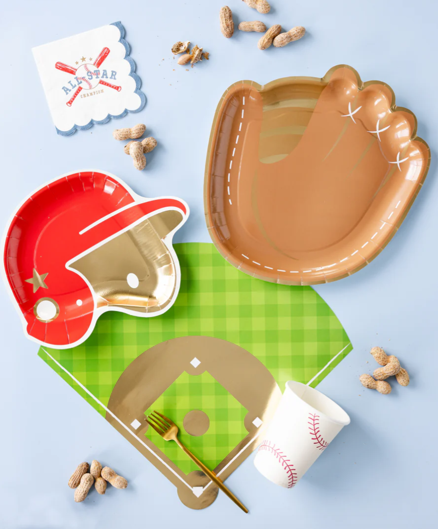 paper party plate in the shape of a baseball mitt