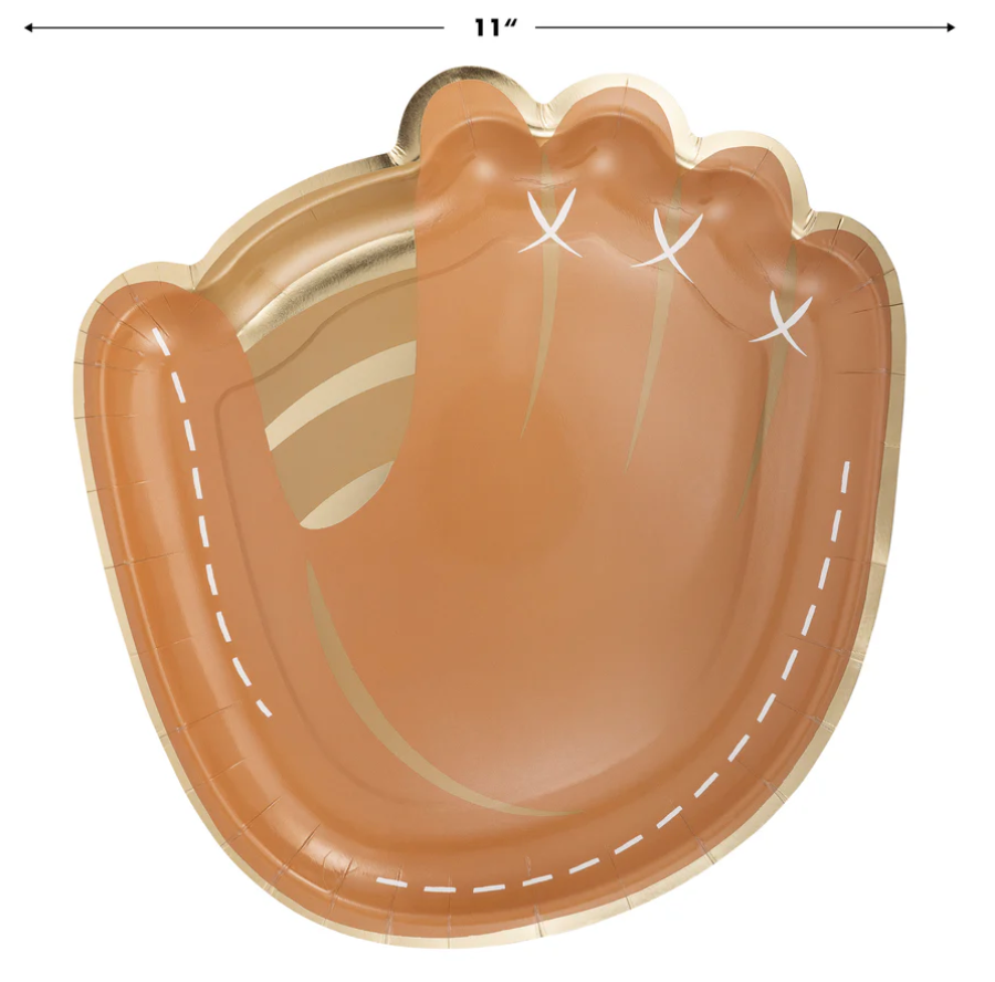 paper party plate in the shape of a baseball mitt