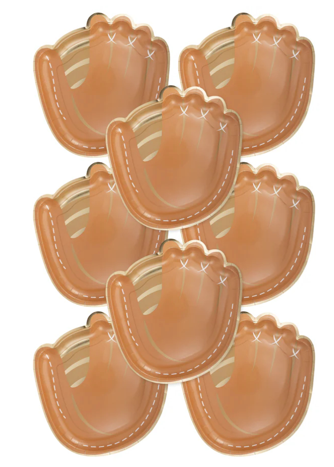 paper party plate in the shape of a baseball mitt