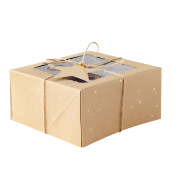 Kraft cookie box with star-shaped gift tag on a white background
