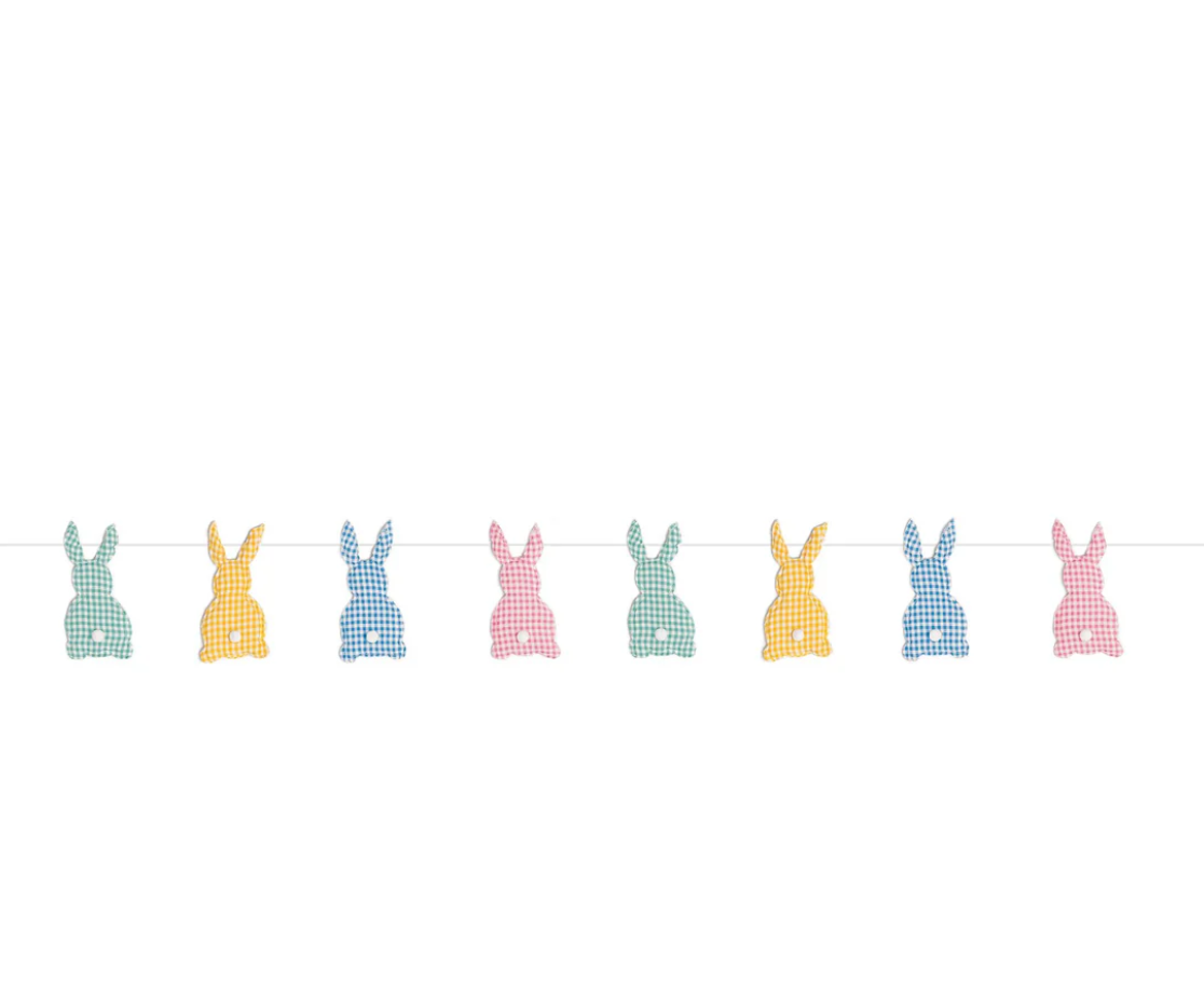gingham bunny banner featuring yellow, pink, blue and green colored bunnies