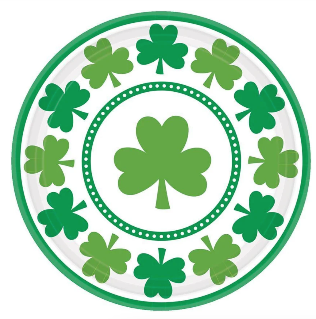 green and white shamrock paper party plates