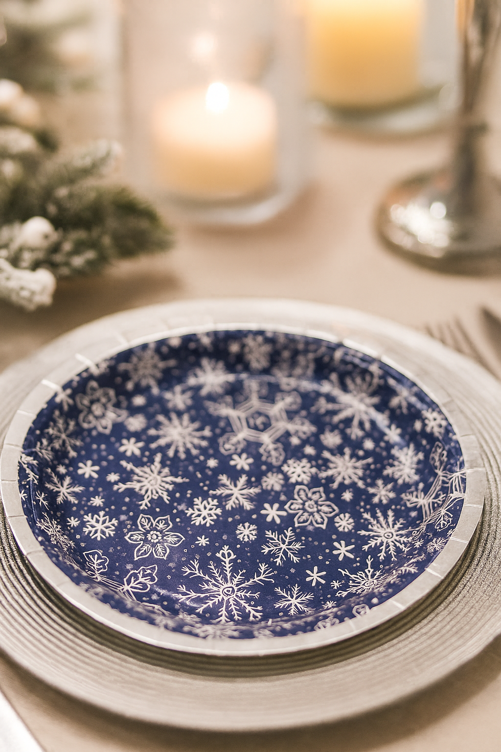 Blue plate with white snowflake pattern on a table setting with candles and greenery.
