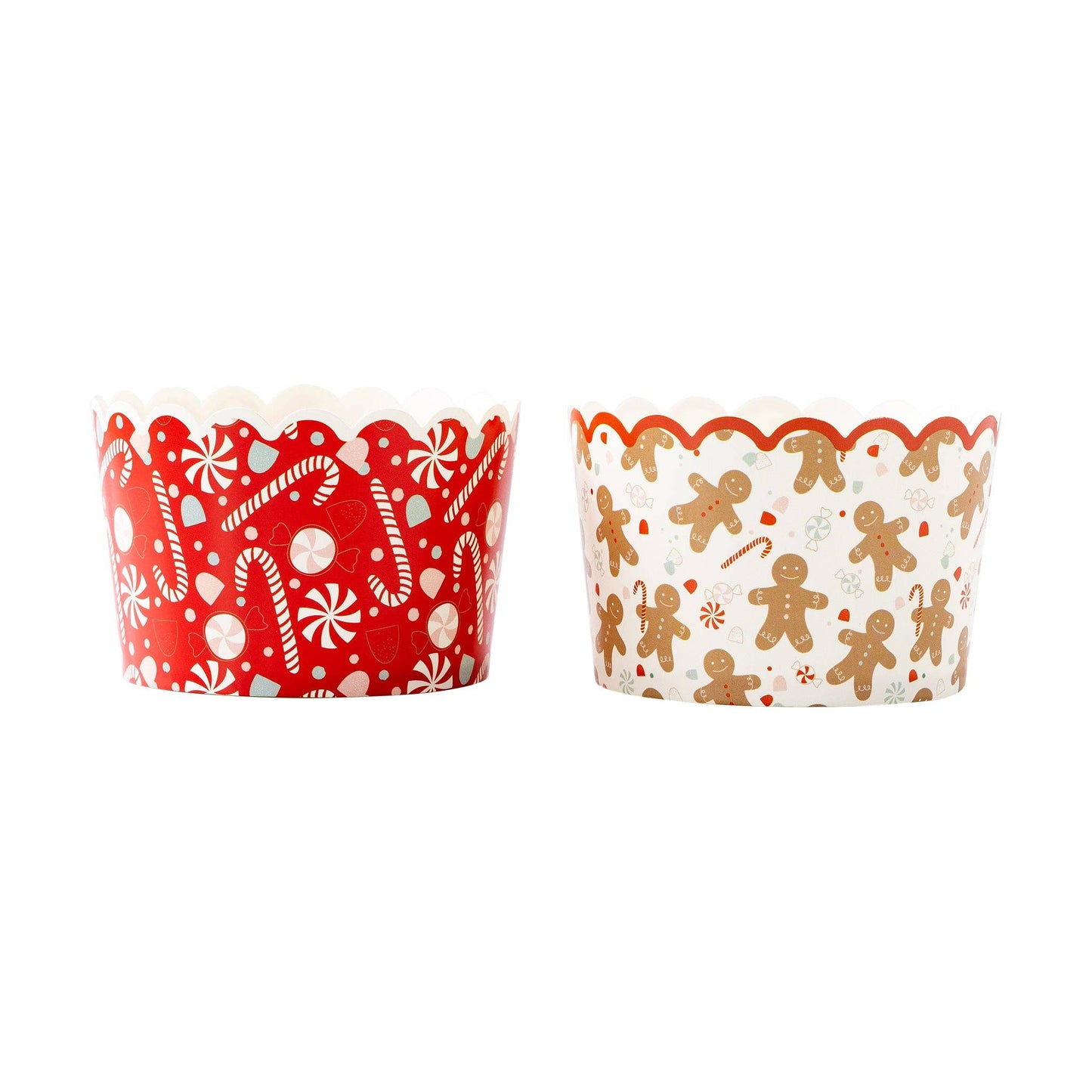 Two festive baking cups with red and white patterns on a white background