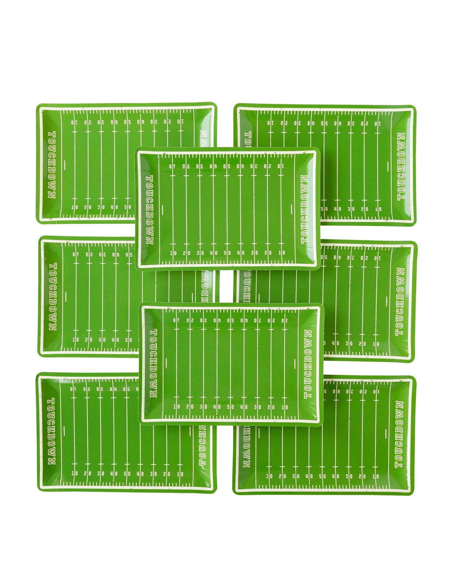 Set of 8 green football field plates on a white background