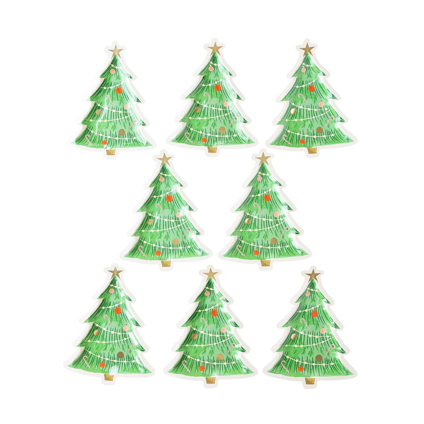 Set of eight green Christmas tree-shaped plates on a white background