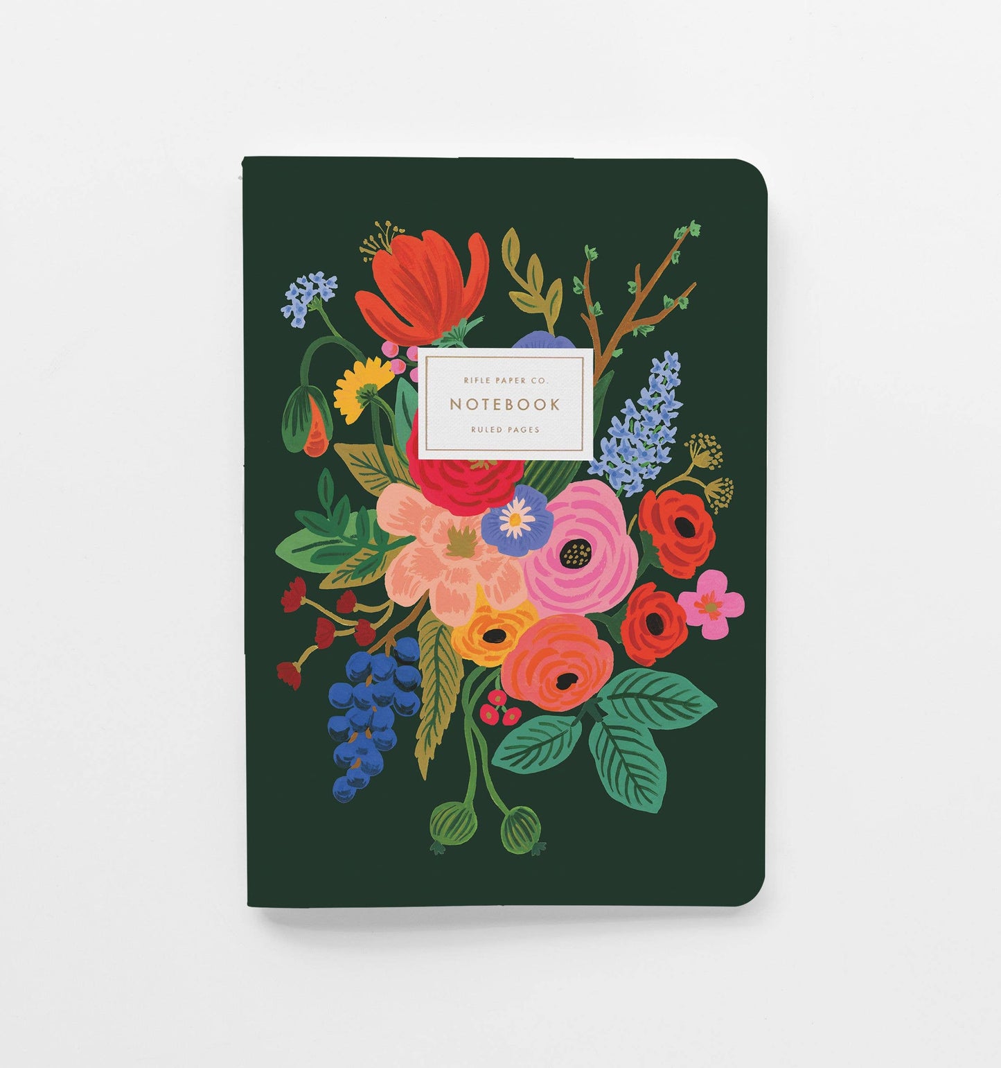Dark green floral notebook with colorful flowers on a white background