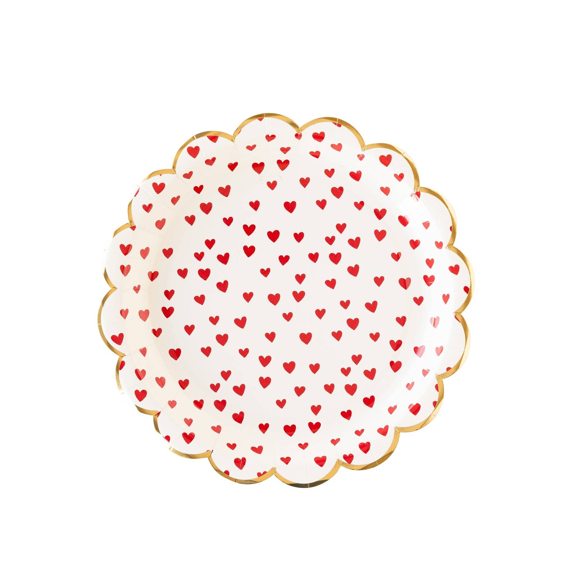 Decorative round scalloped plate with red heart pattern