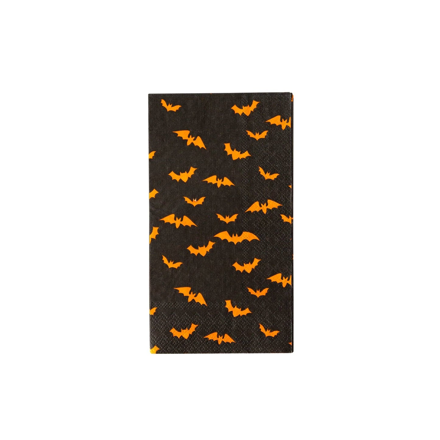 Black dinner napkin with orange bat pattern on a white background