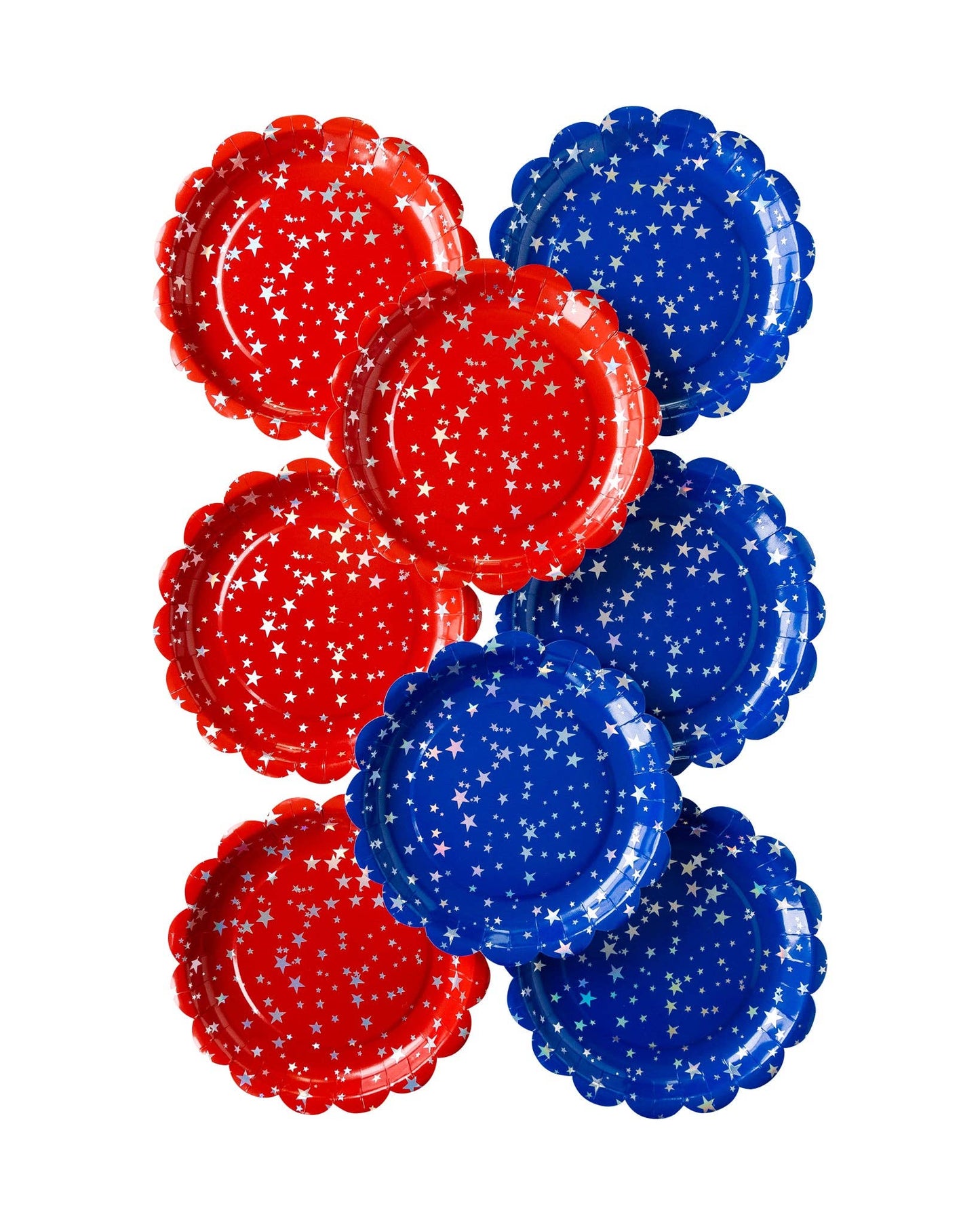 set of red and blue star print scalloped paper party plates