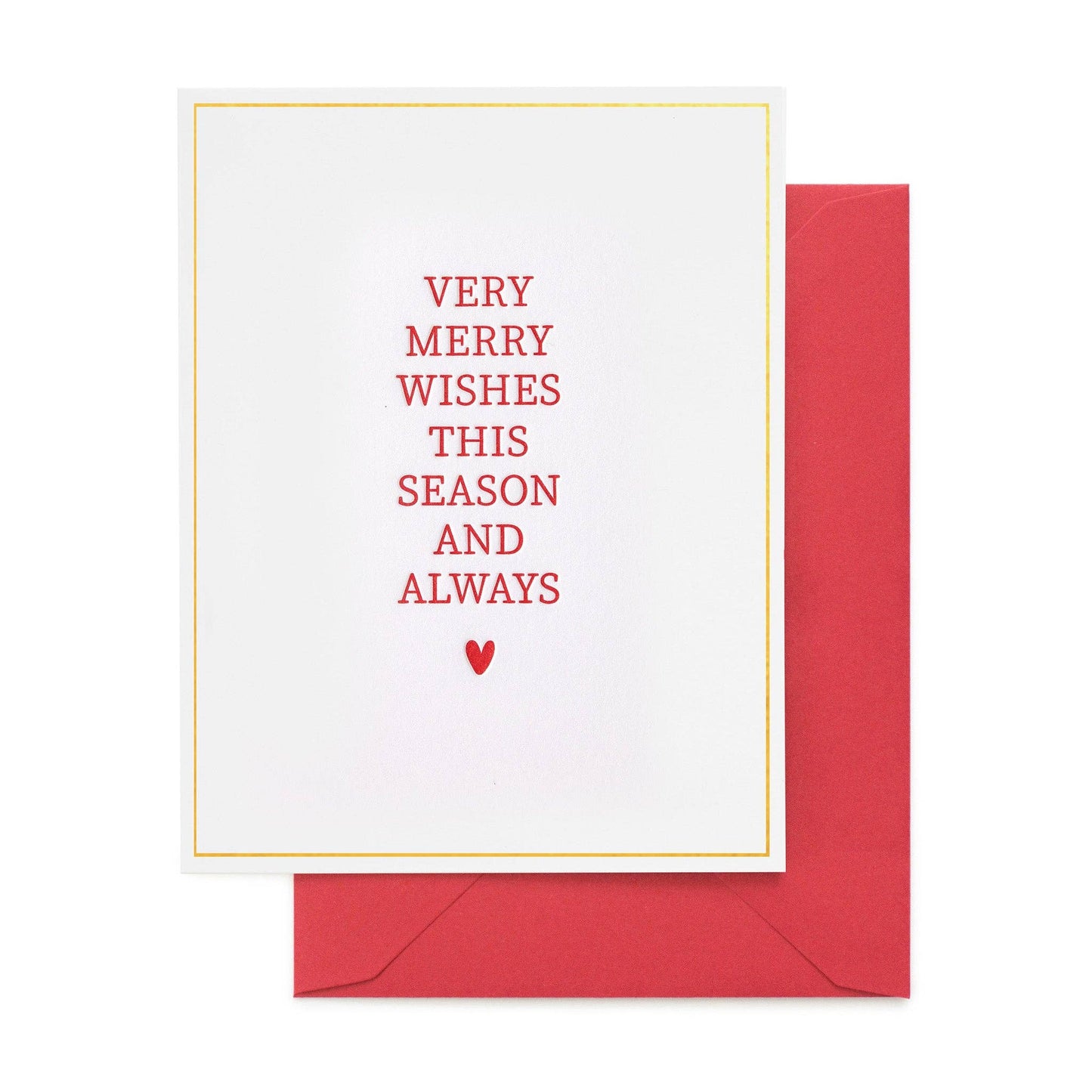 holiday card featuring "Very Merry Wishes This Season And Always" written on the front in red